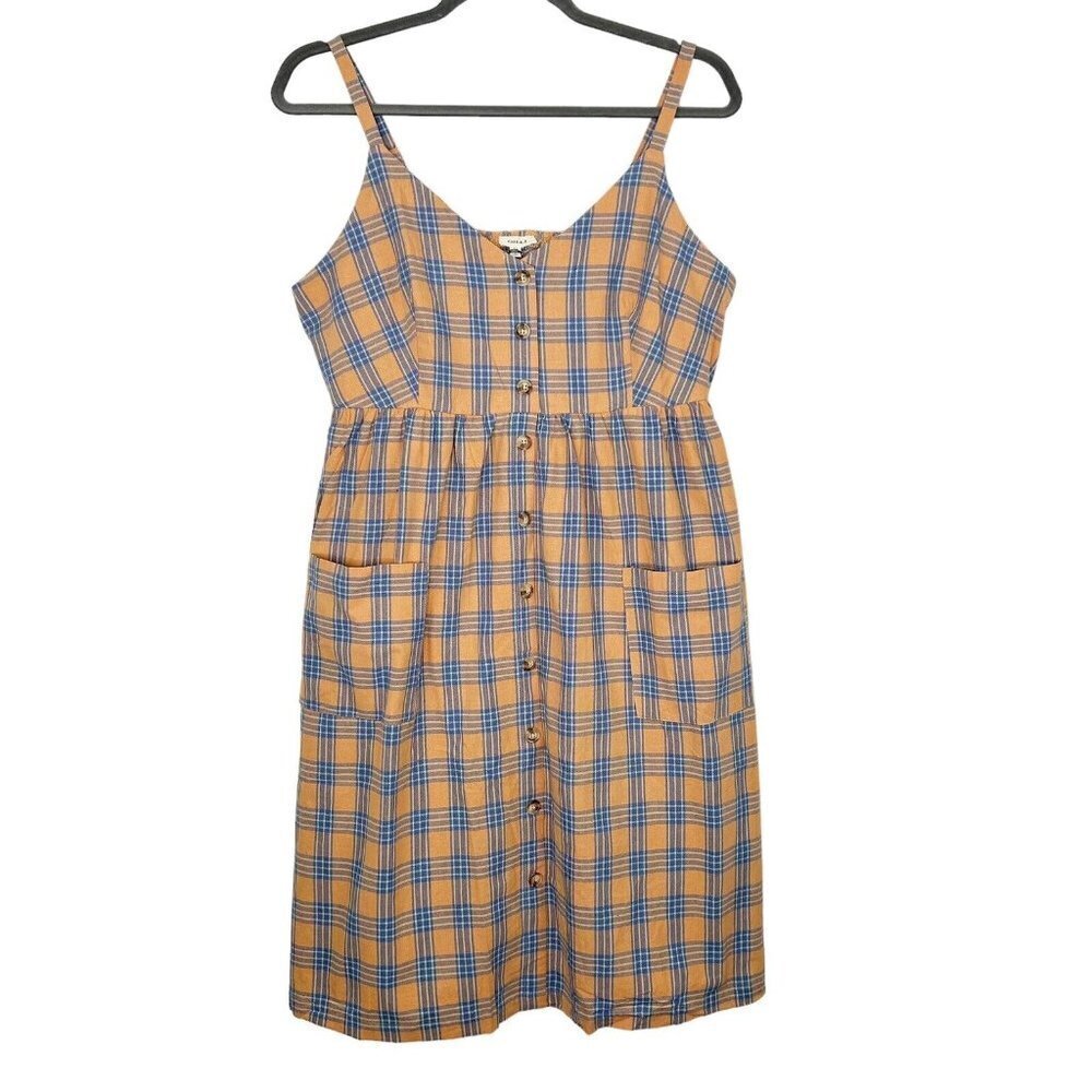 NEW Gilli Smocked Midi Dress Womens Size 3X Sleeveless Orange Blue Plaid